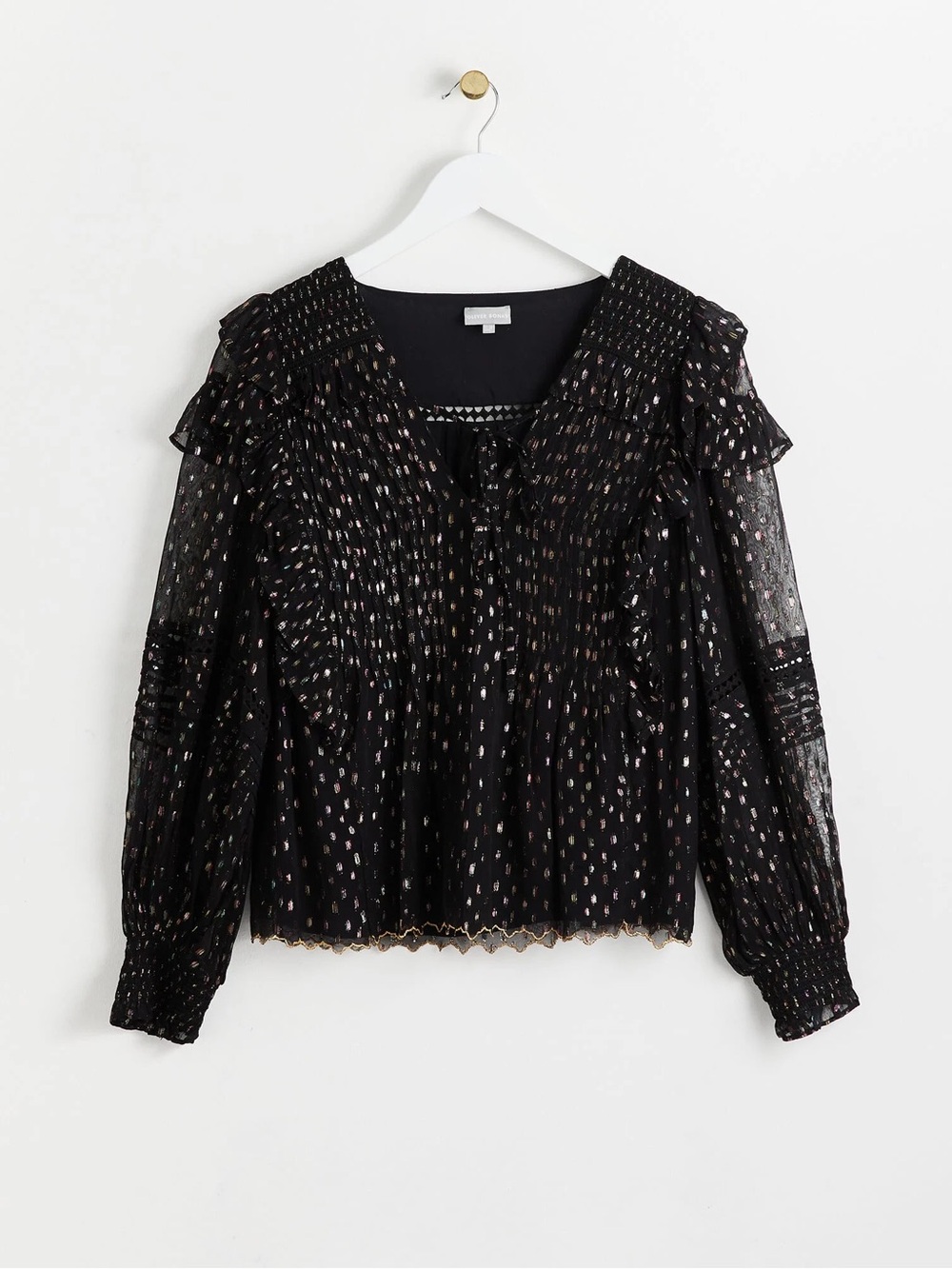 The Kooples Black Blouse with Silver Metallic Dot Print